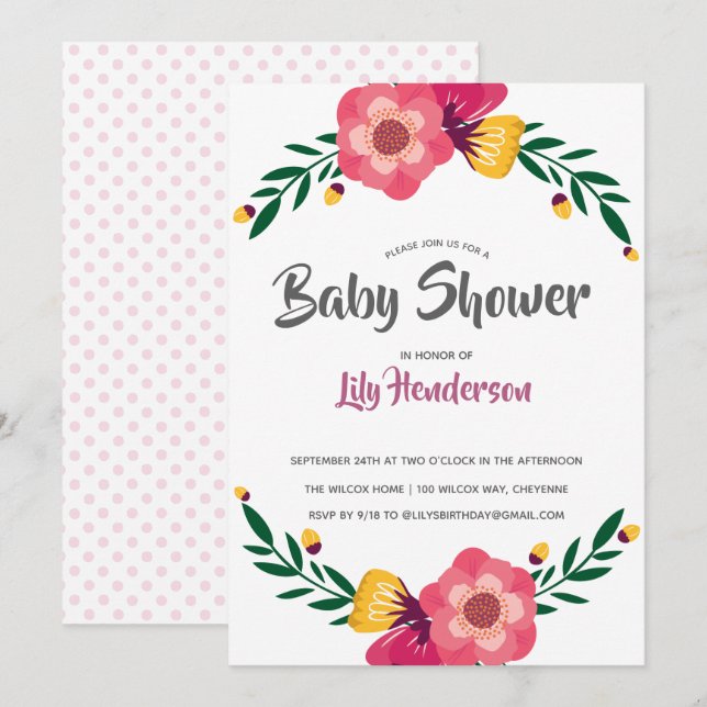 Pink Floral Polka Dot Baby Dusche Party Einladung (Vorne/Hinten)