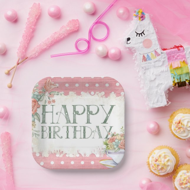 Pink Floral Polka Dot Birthday Square Party Teller (Party)