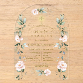 Pink Floral Primera Comunión Twins Holy Communion Acryleinladungen