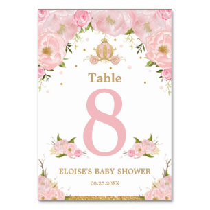 Pink Floral Princess Carriage Girl Babydusche Tischnummer