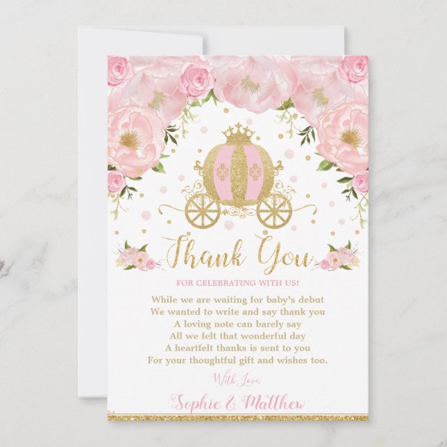 Pink Floral Princess Kinderdusche Pumpkin Carriage Dankeskarte (Vorderseite)