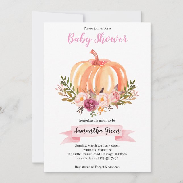 Pink Floral Pumpkin Baby Dusche Einladung (Vorderseite)