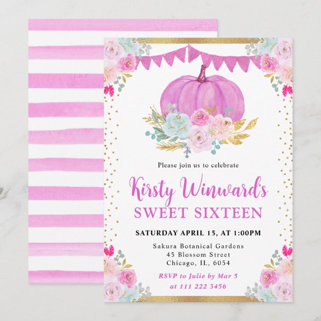 Pink Floral Pumpkin Fall 16 . Geburtstag Einladung (Vorne/Hinten)