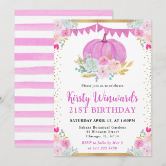 Pink Floral Pumpkin Fall 21. Geburtstag Einladung