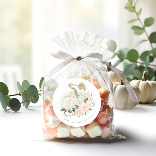Pink Floral Pumpkin Fall Baby Dusche Runder Aufkleber (Von Creator hochgeladen)