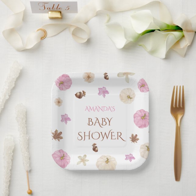 Pink Floral Pumpkin Fall Boho Babydusche Pappteller (Hochzeit)