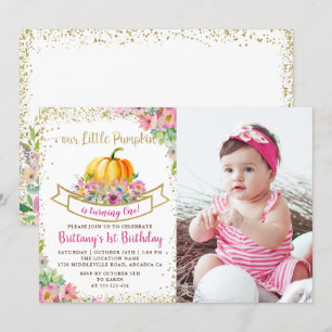 Pink Floral Pumpkin Glitzer Girl Birthday Foto Einladung