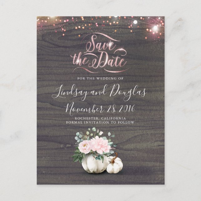 Pink Floral Pumpkin Rustikaler Fall Save the Date Ankündigungspostkarte (Vorderseite)