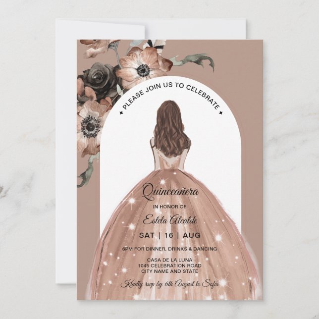 Pink Floral Quinceañera, Boho Quinceanera Einladung (Vorderseite)