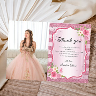 Pink Floral Quinceanera Foto Danke Karte