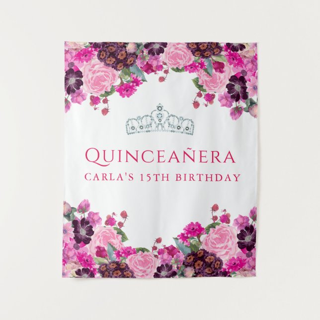 Pink Floral Quinceanera Foto Hintergrund Wandteppich (Vorderseite)