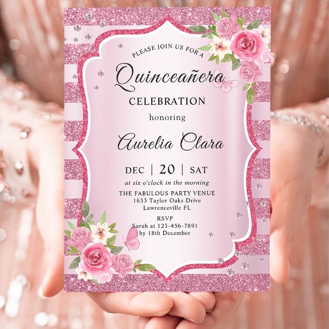 Pink Floral Quinceañera Geburtstag Einladung (Von Creator hochgeladen)