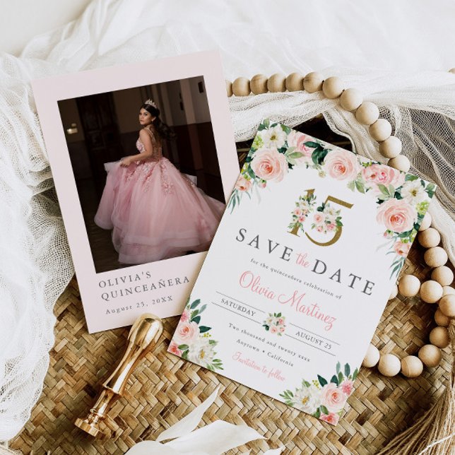 Pink Floral Quinceañera Save the Date Foto Rose (Von Creator hochgeladen)