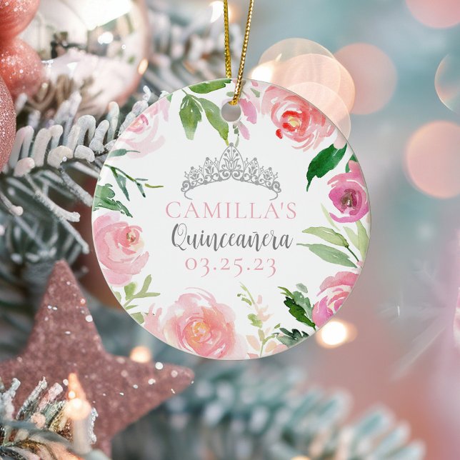 Pink Floral Quinceañera Silver Tiara Weihnachten Keramik Ornament (Von Creator hochgeladen)