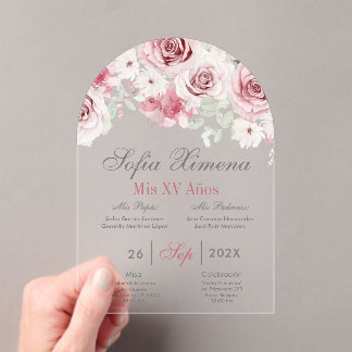 Pink Floral Quinceañera Spanisch Acryleinladungen
