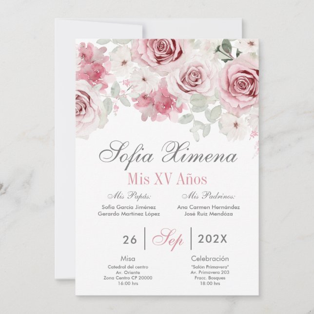 Pink Floral Quinceañera Spanisch Einladung (Vorderseite)