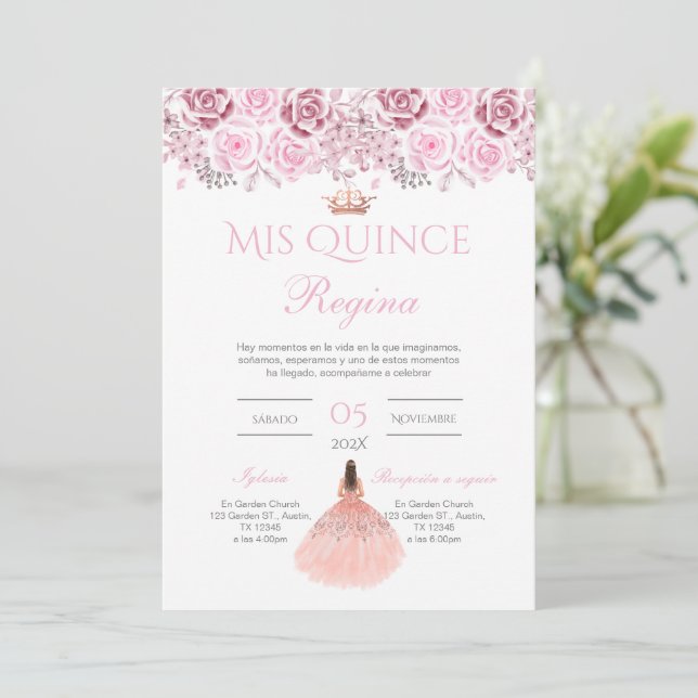 Pink Floral Quinceañera Spanish  Einladung (Stehend Vorderseite)