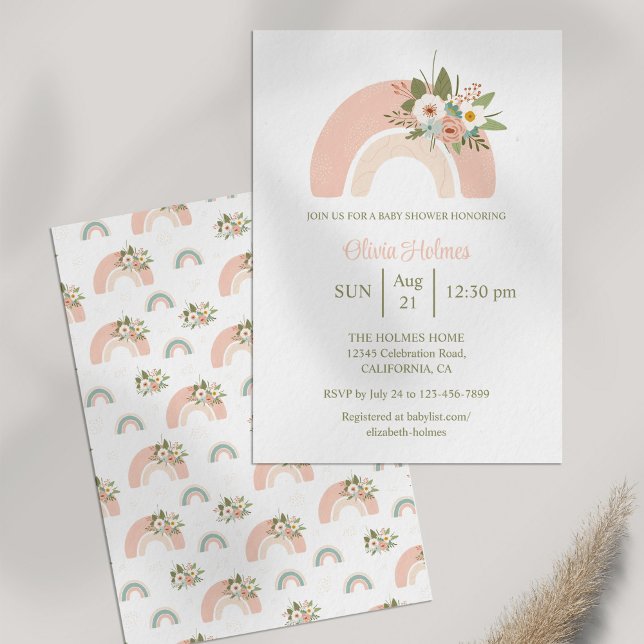 Pink Floral Rainbow Baby Dusche Einladung (Pink Floral Rainbow Baby Shower Invitation on white table next to dry pampas grass.)