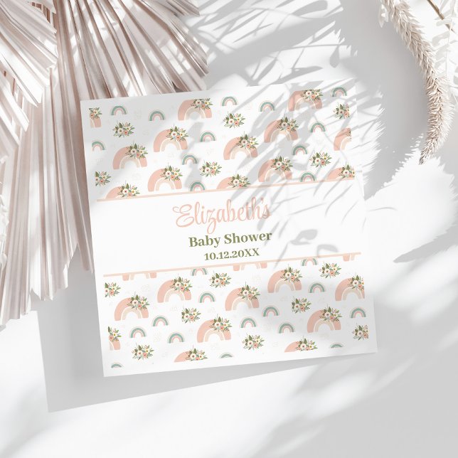 Pink Floral Rainbow Baby Dusche Napkins Serviette (Pink Floral Rainbow Baby Shower Napkins on a sunny white table.)