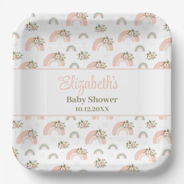Pink Floral Rainbow Baby Dusche Pappteller (Vorderseite)