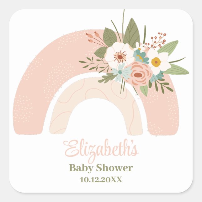 Pink Floral Rainbow Baby Dusche Quadratischer Aufkleber (Vorderseite)