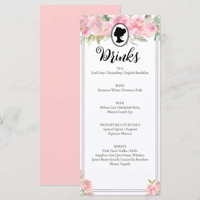 Pink Floral Regency Fête des mariées Cocktail Menu (Devant / Derrière)