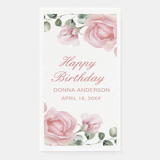 Pink Floral Rose Birthday Party Plate Serviette (Vorderseite)