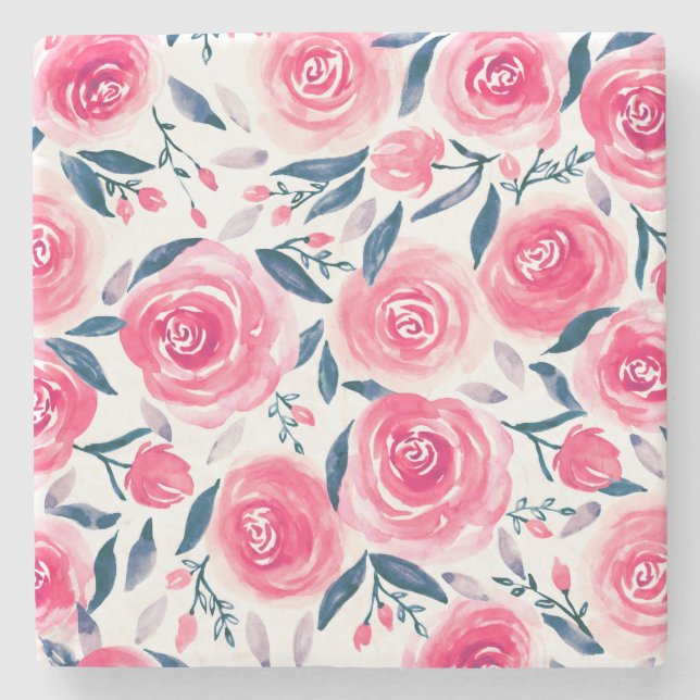 Pink Floral Rose Muster Steinuntersetzer (Vorderseite)