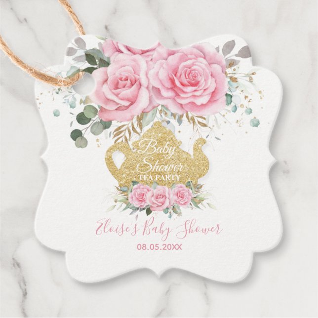 Pink Floral Rose Tee-Party Kinderdusche Danke Geschenkanhänger (Vorderseite)