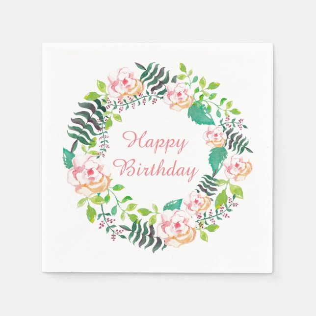 Pink Floral Rosen Wreath Happy Birthday Serviette (Vorderseite)