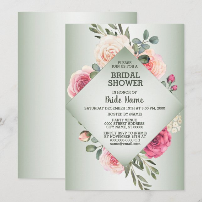 Pink Floral Rustic Geometric Green Bridal Shower Einladung (Vorne/Hinten)
