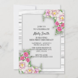 Pink Floral Rustic Wood Baby Girl Erster Geburtsta Einladung