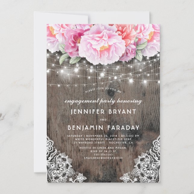 Pink Floral Rustic Wood Lace Engagement Party Einladung (Vorderseite)