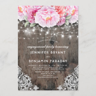 Pink Floral Rustic Wood Lace Engagement Party Einladung
