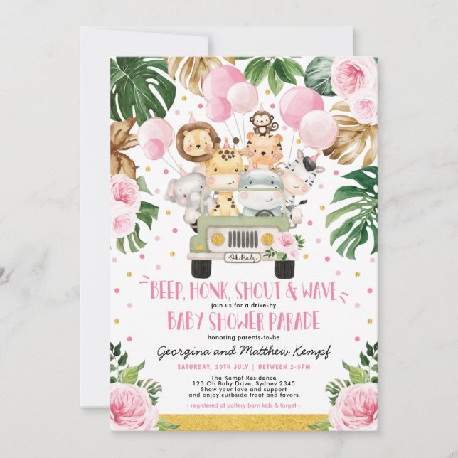 Pink Floral Safari Drive By Baby Showparade Einladung (Vorderseite)