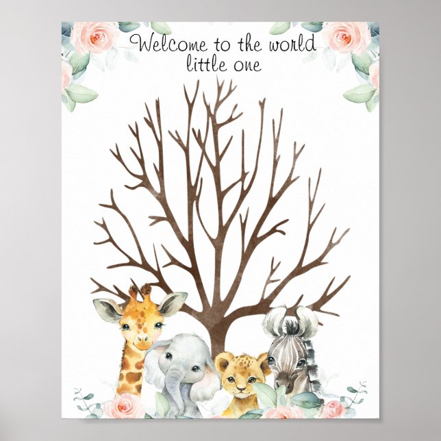 Pink Floral Safari Fingerprint Guestbook Poster (Vorne)