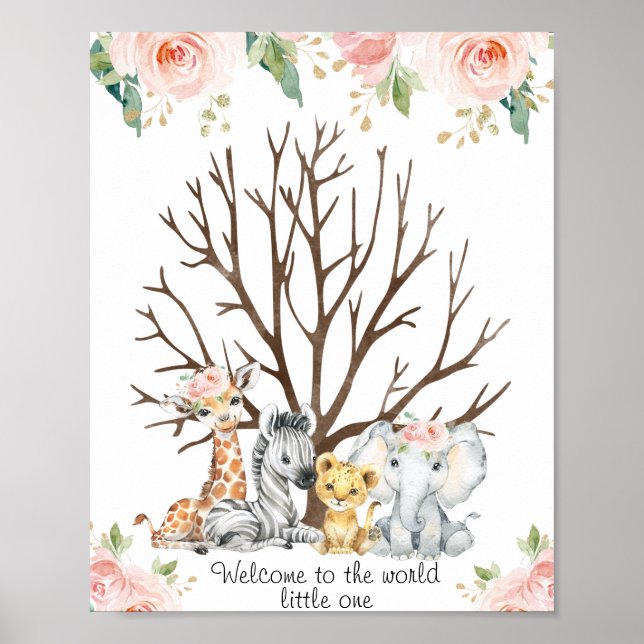 Pink Floral Safari Fingerprint Guestbook Poster (Vorne)