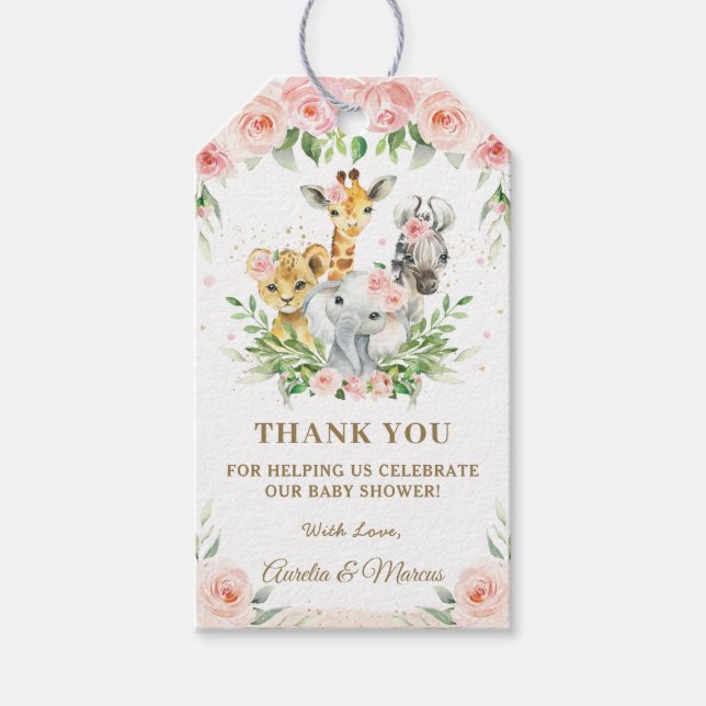 Pink Floral Safari Jungle Animals Baby Dusche Geschenkanhänger (Vorderseite)