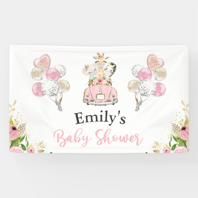 Pink Floral Safari Tiere mit Kinderdusche Banner (Horizontal)