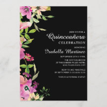 Pink Floral Sage Green Blätter Black Quinceañera