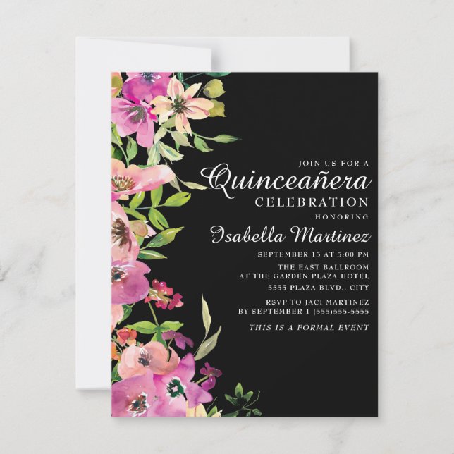 Pink Floral Sage Green Blätter Black Quinceañera Einladung (Vorderseite)