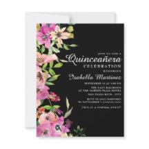 Pink Floral Sage Green Blätter Black Quinceañera