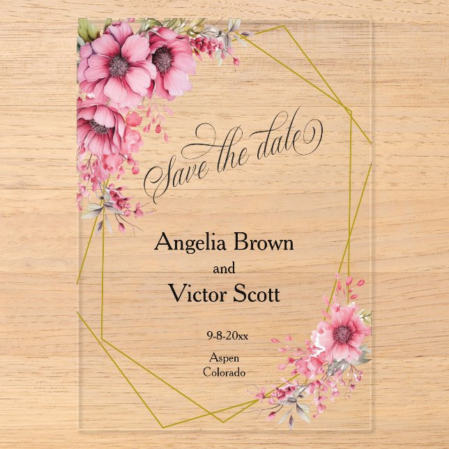 Pink Floral Save the Date Invitation Acryleinladungen (Vorderseite)