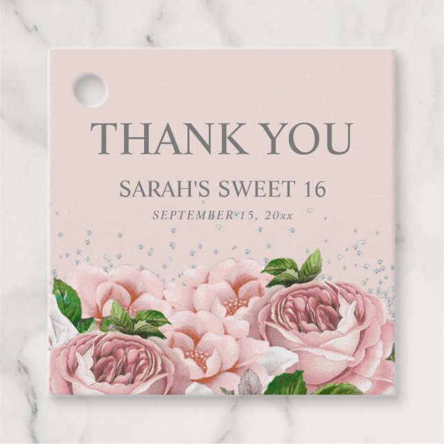 Pink Floral Silver Glitzer Sweet 16 Danke Geschenkanhänger (Vorderseite)