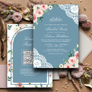 Pink Floral Soft Blue Lace QR Code Muslime Hochzei Einladung