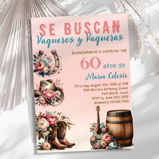 Pink Floral Spanischer Western Cowboy 60. Geburtst Einladung