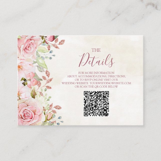Pink Floral Spring Wedding QR code Details Insert (Vorderseite)