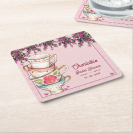 Pink Floral Stacked Teacups Bridal Shower Party Rechteckiger Pappuntersetzer