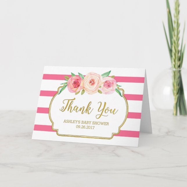 Pink Floral Stripes Gold Babydusche Vielen Dank Dankeskarte (Vorderseite)