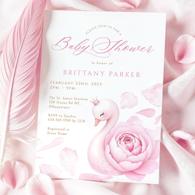 Pink Floral Swan Babydusche Einladung (Von Creator hochgeladen)